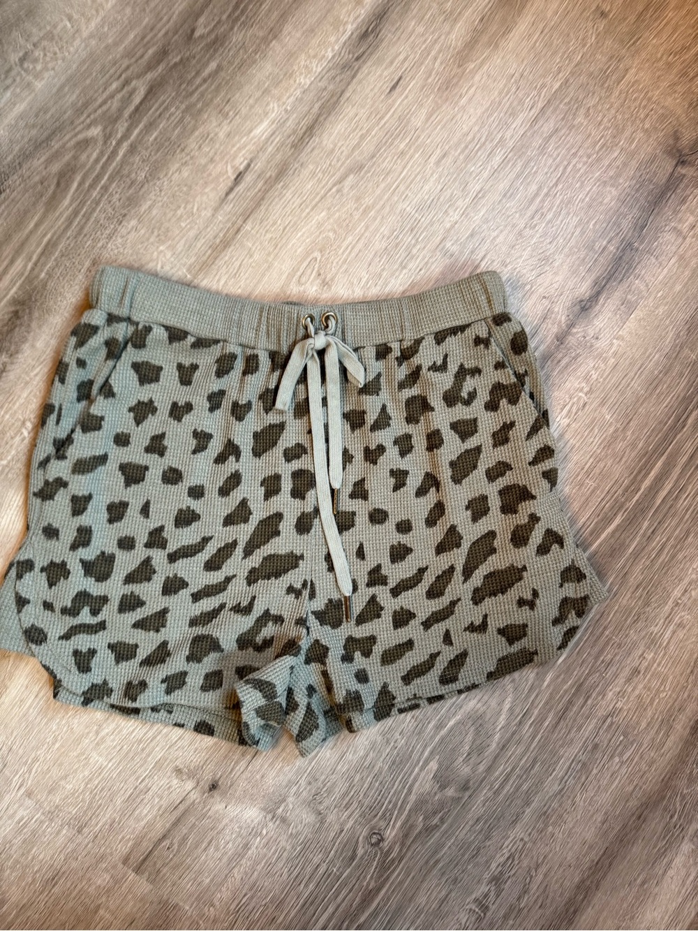 Doe & Rae Olive Green Leopard Print Waffle Knit Lounge Shorts